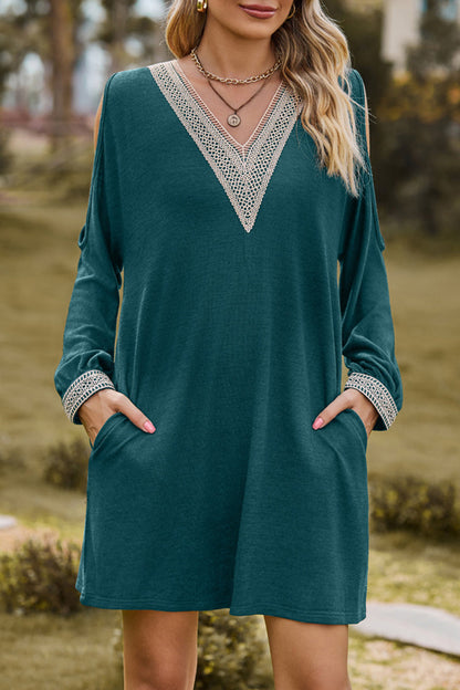 Casual Solid Lace V Neck A Line Dresses Ink Green