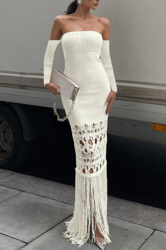 Sexy Casual Solid Tassel Hollowed Out Backless Off the Shoulder Long Dress Dresses Cream White