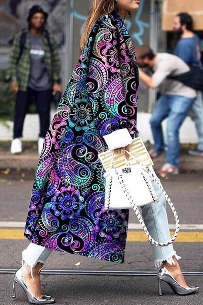 Street Print Patchwork Turndown Collar Outerwear Black Purple