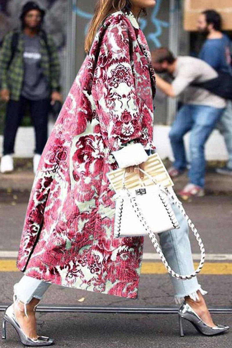 Street Print Patchwork Turndown Collar Outerwear Deep Pink