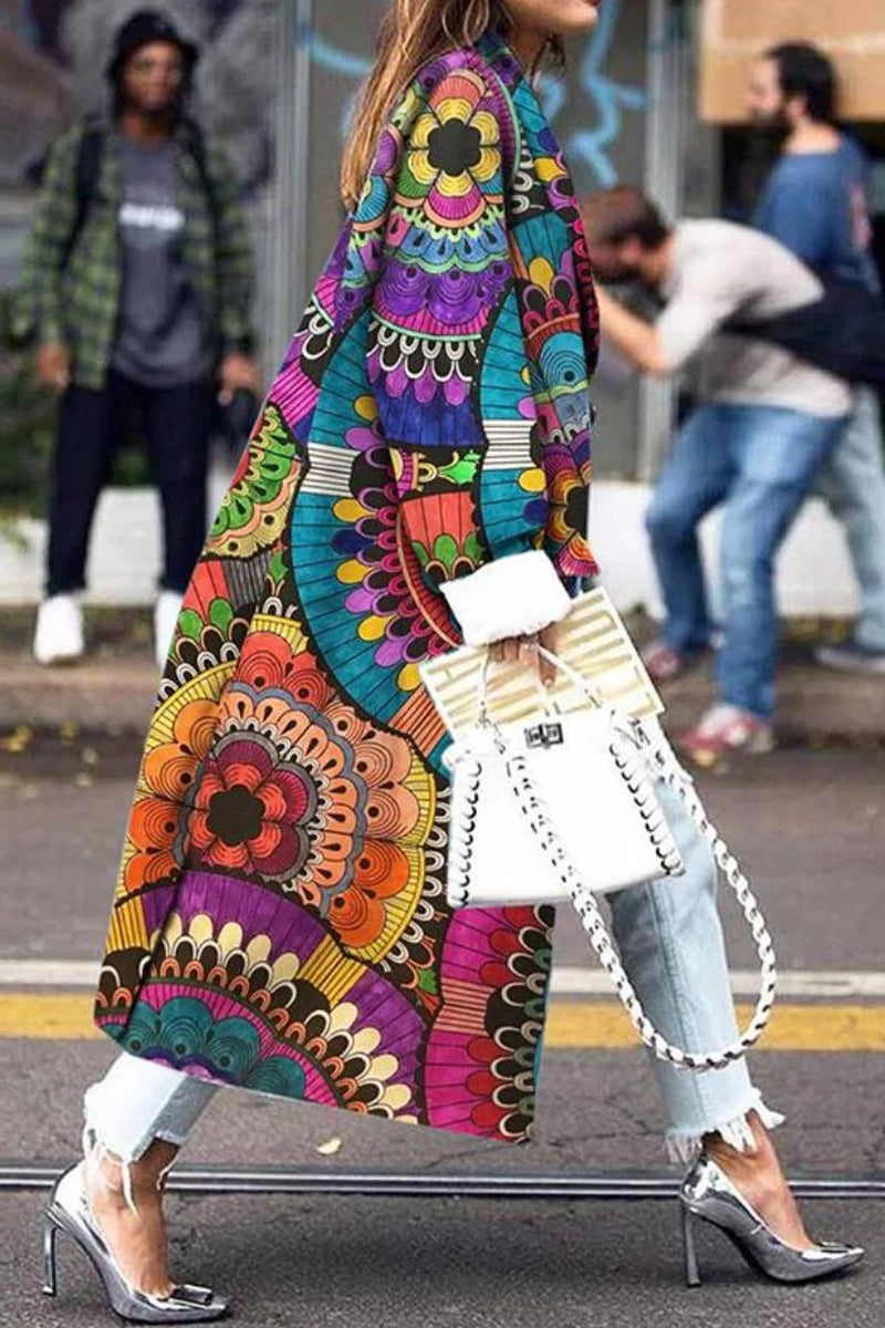 Street Print Patchwork Turndown Collar Outerwear Colour