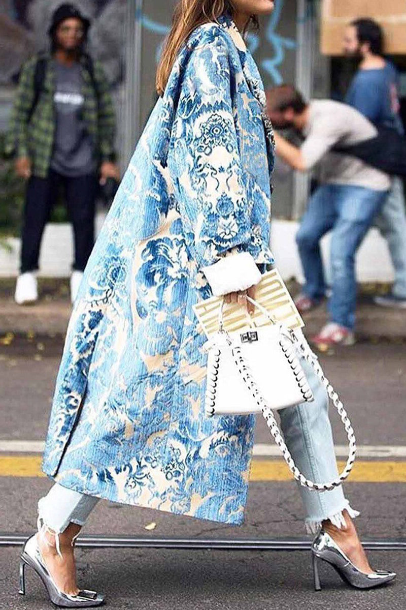 Street Print Patchwork Turndown Collar Outerwear Blue