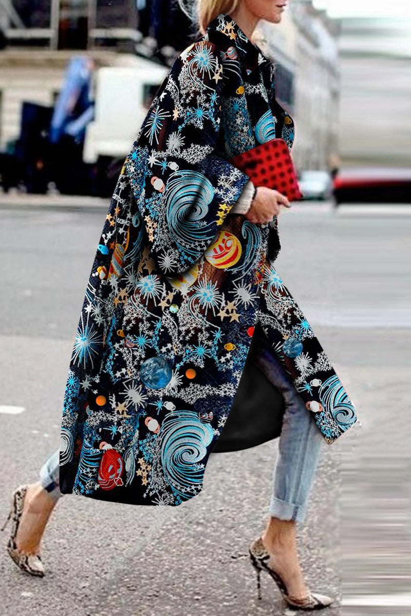 Street Print Patchwork Turndown Collar Outerwear Blue Black