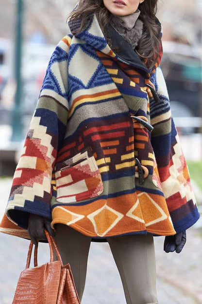 Elegant Geometric Print Patchwork Hooded Collar Outerwear Multicolor