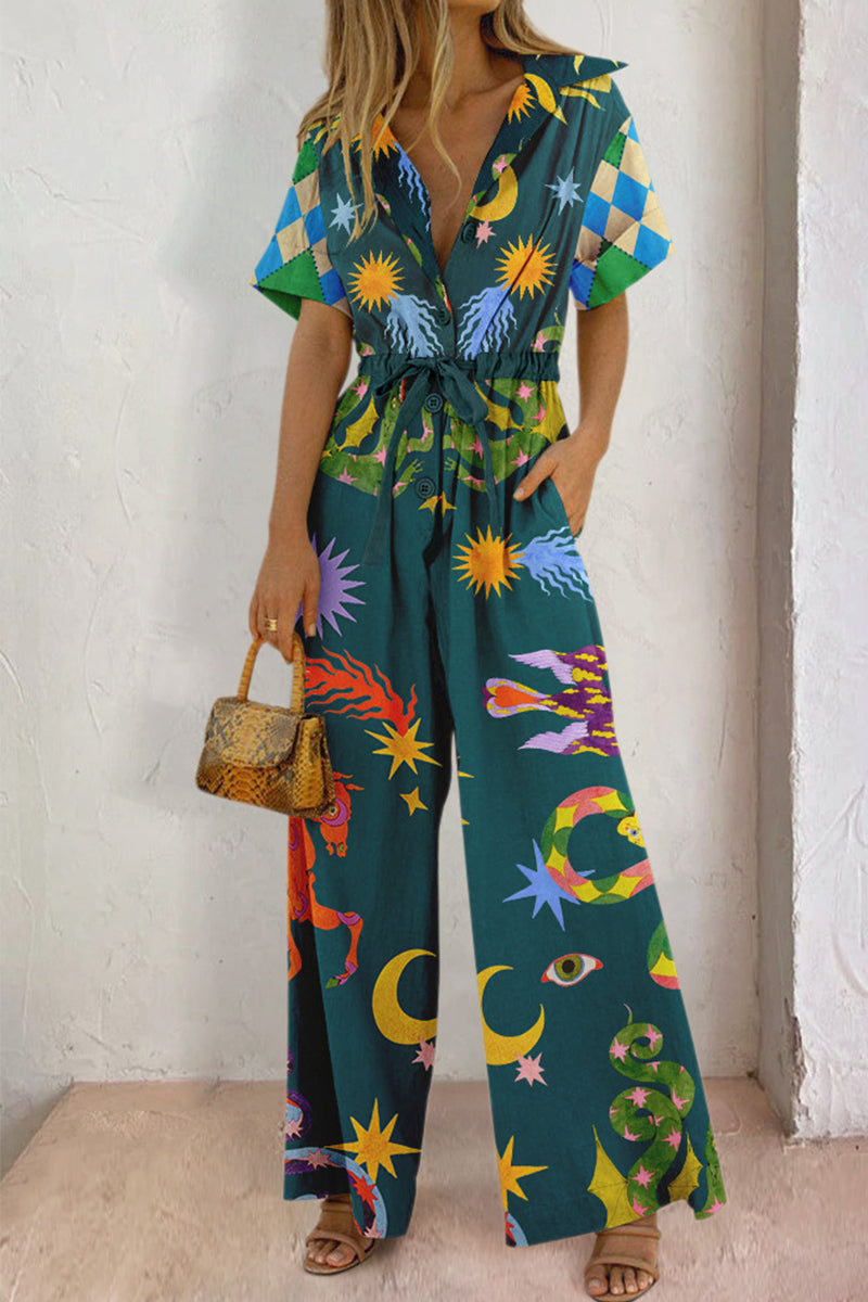 Casual Print Pocket Turndown Collar Loose Jumpsuits Green