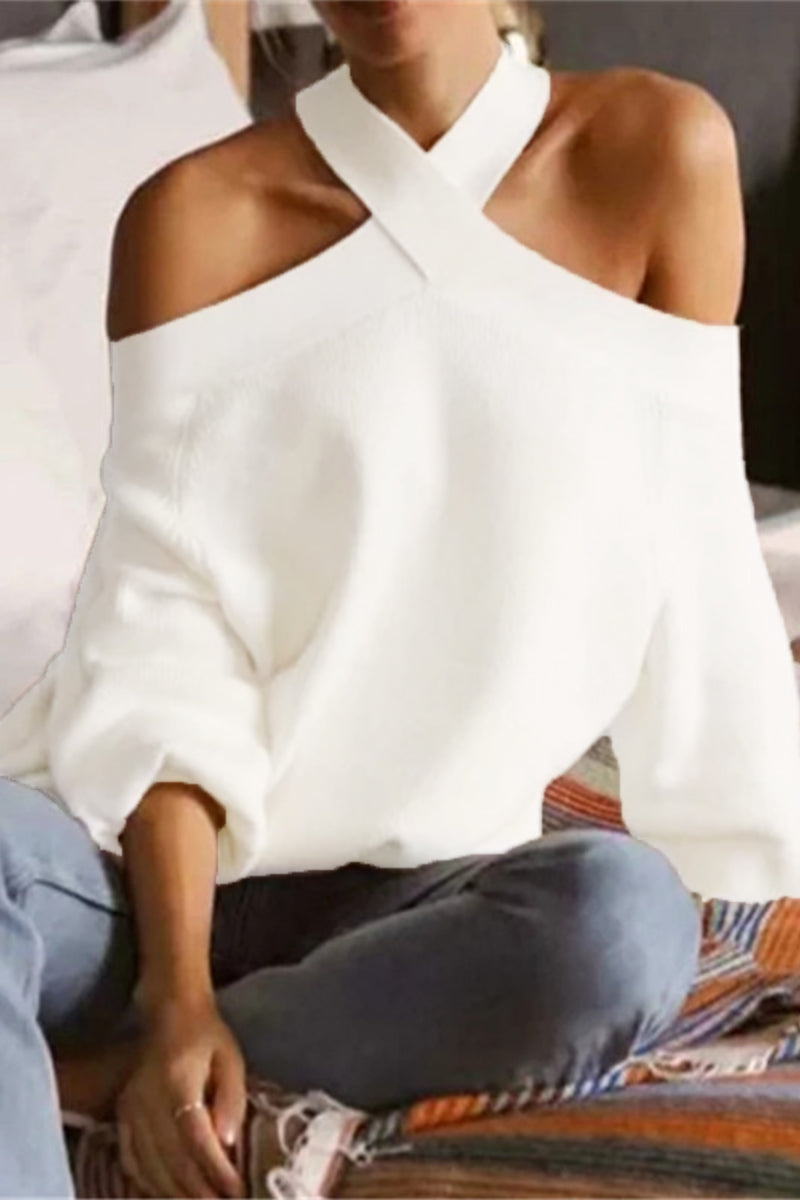 Sexy Solid Neck Hanger Off Shoulder Halter Sweaters White