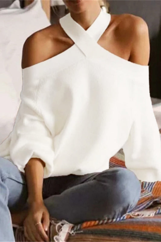 Sexy Solid Neck Hanger Off Shoulder Halter Sweaters White