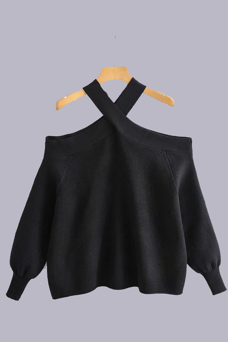 Sexy Solid Neck Hanger Off Shoulder Halter Sweaters