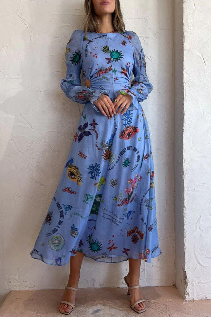 Casual Print Frenulum O Neck A Line Dresses