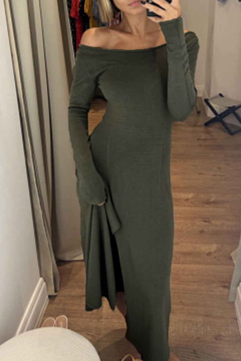 Casual Simplicity Solid Slit O Neck A Line Dresses Army Green