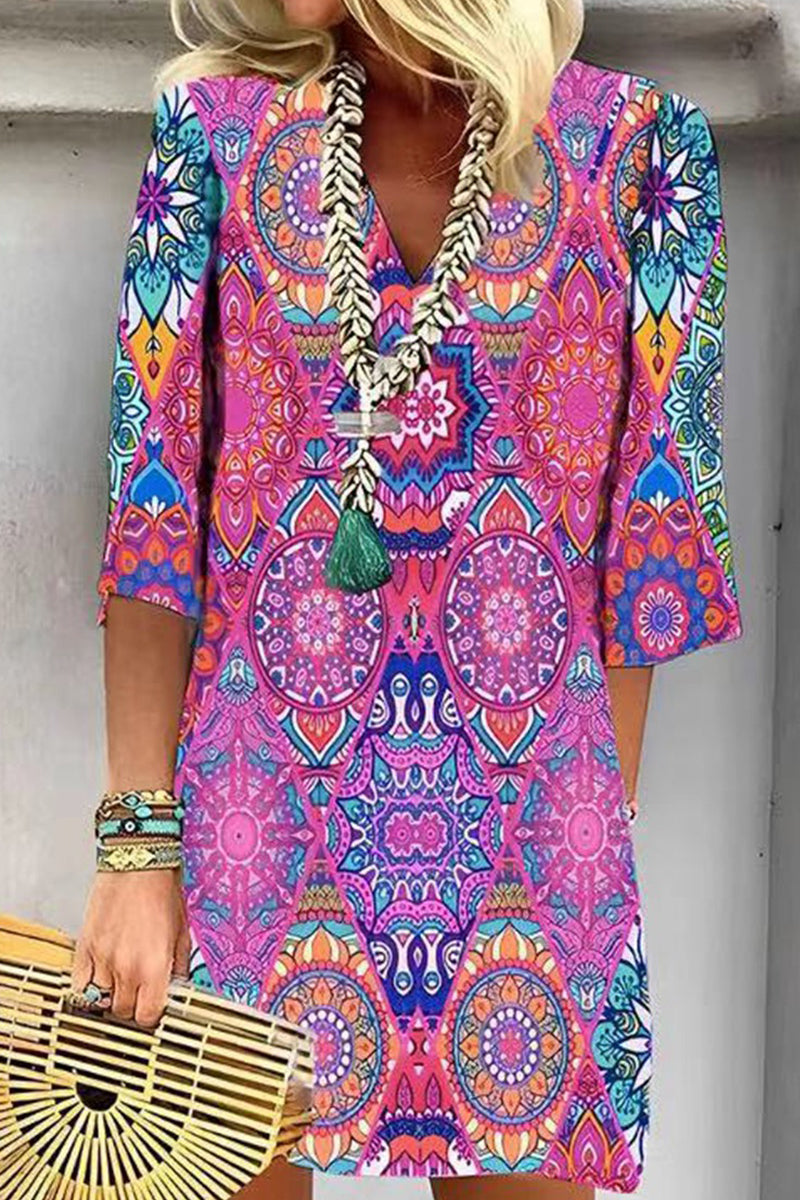 College Geometric Printing V Neck One Step Skirt Dresses Rose Purple