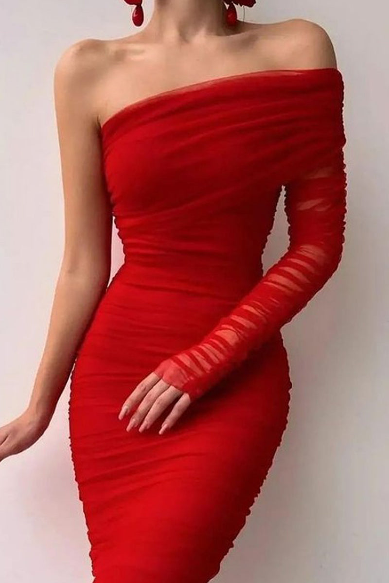 Sexy Formal Solid Patchwork Oblique Collar Evening Dress Dresses Red