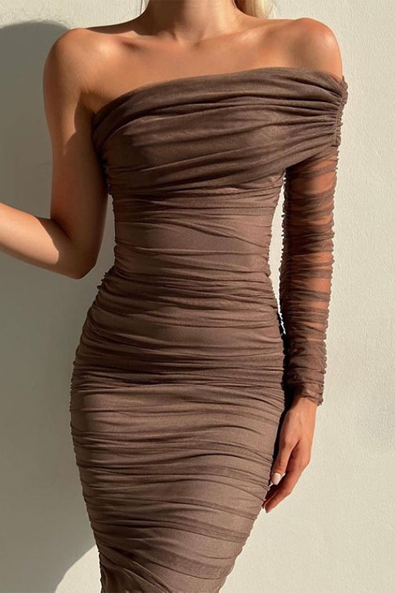 Sexy Formal Solid Patchwork Oblique Collar Evening Dress Dresses Brown