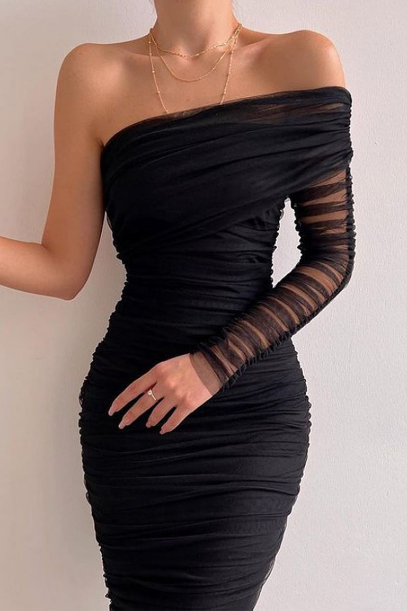 Sexy Formal Solid Patchwork Oblique Collar Evening Dress Dresses Black