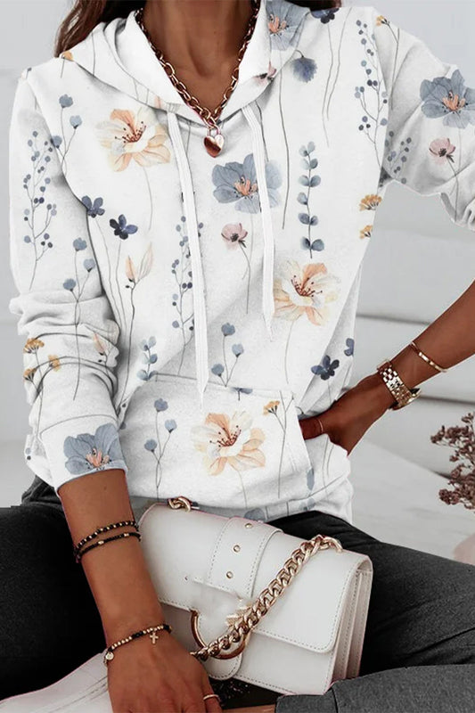 Casual Print Patchwork Hooded Collar Tops White