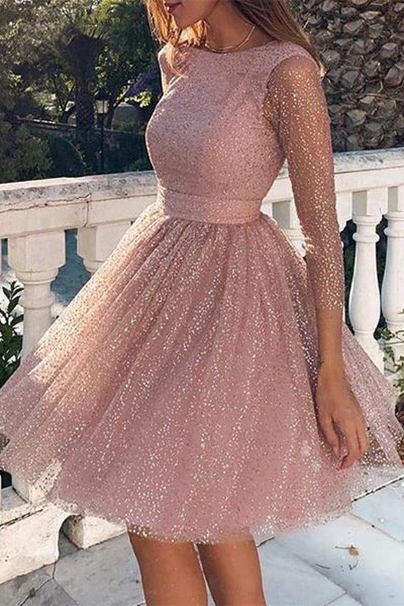 Elegant Solid Lace O Neck A Line Dresses(3 Colors) Pink