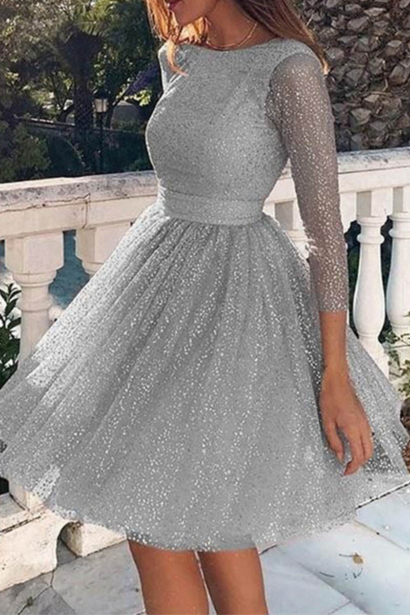 Elegant Solid Lace O Neck A Line Dresses(3 Colors) Grey