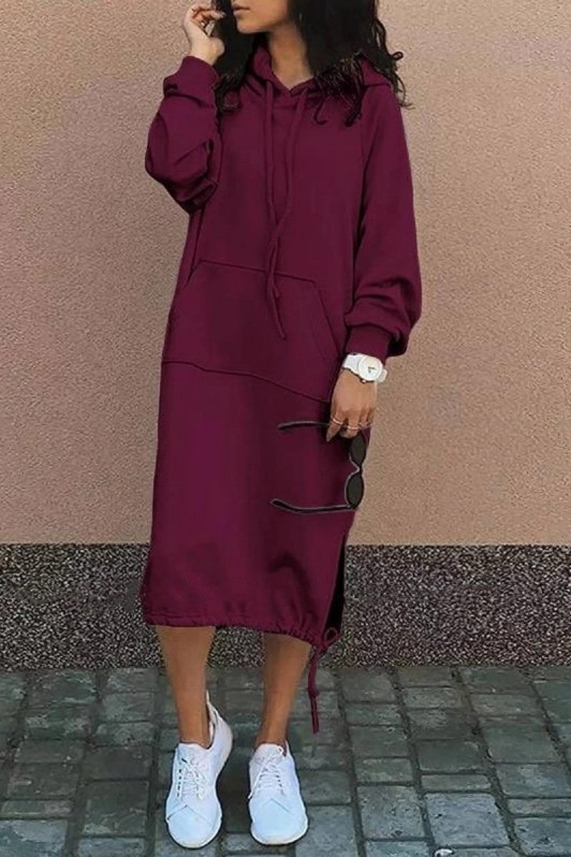 Casual Solid Patchwork Hooded Collar Long Sleeve Dresses(7 Colors) Burgundy