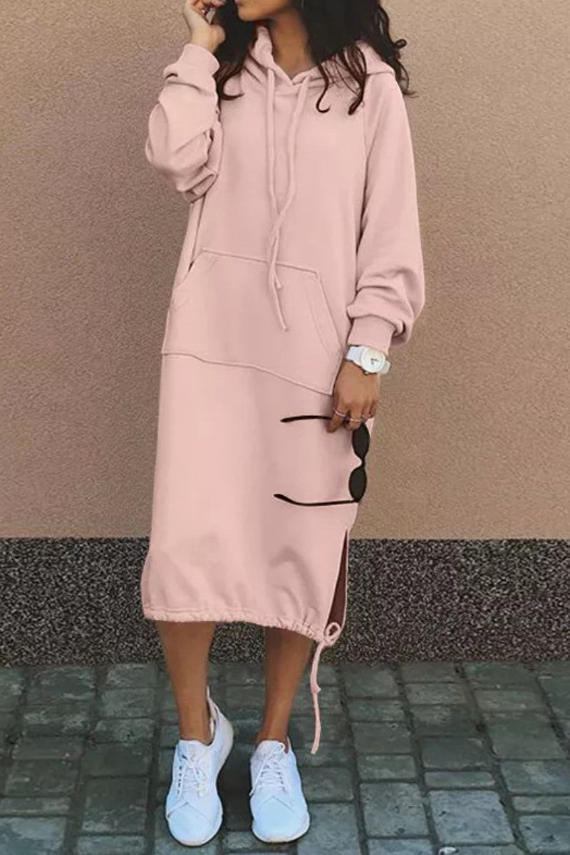 Casual Solid Patchwork Hooded Collar Long Sleeve Dresses(7 Colors) Pink