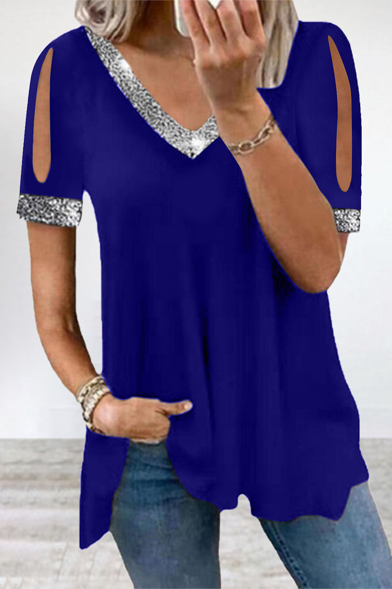 Casual Solid Sequins V Neck T-Shirts Blue