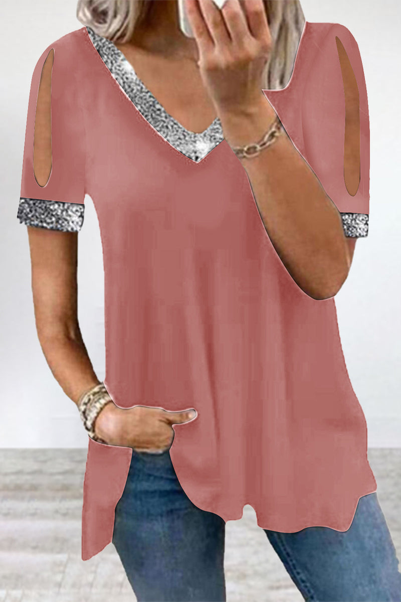 Casual Solid Sequins V Neck T-Shirts Pink