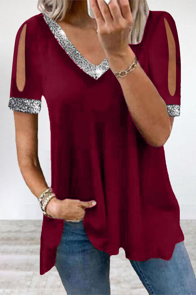 Casual Solid Sequins V Neck T-Shirts Burgundy