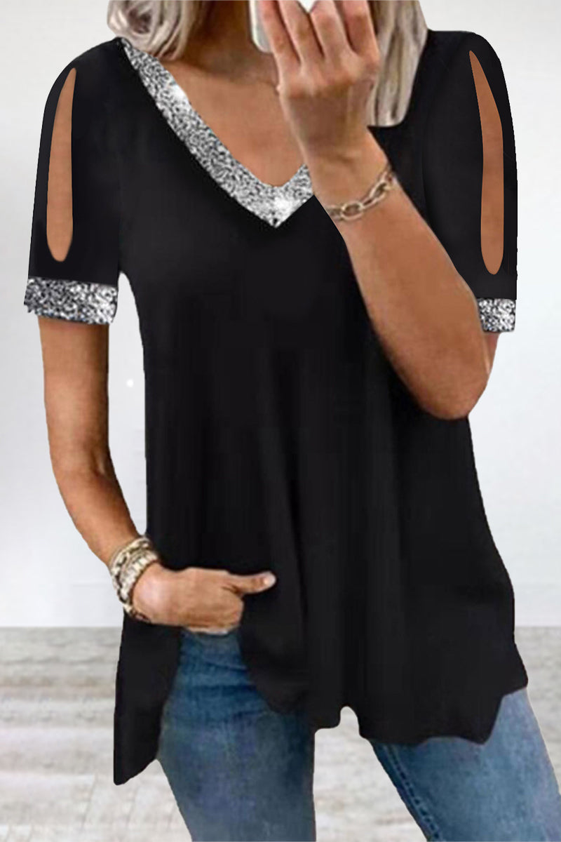 Casual Solid Sequins V Neck T-Shirts Black