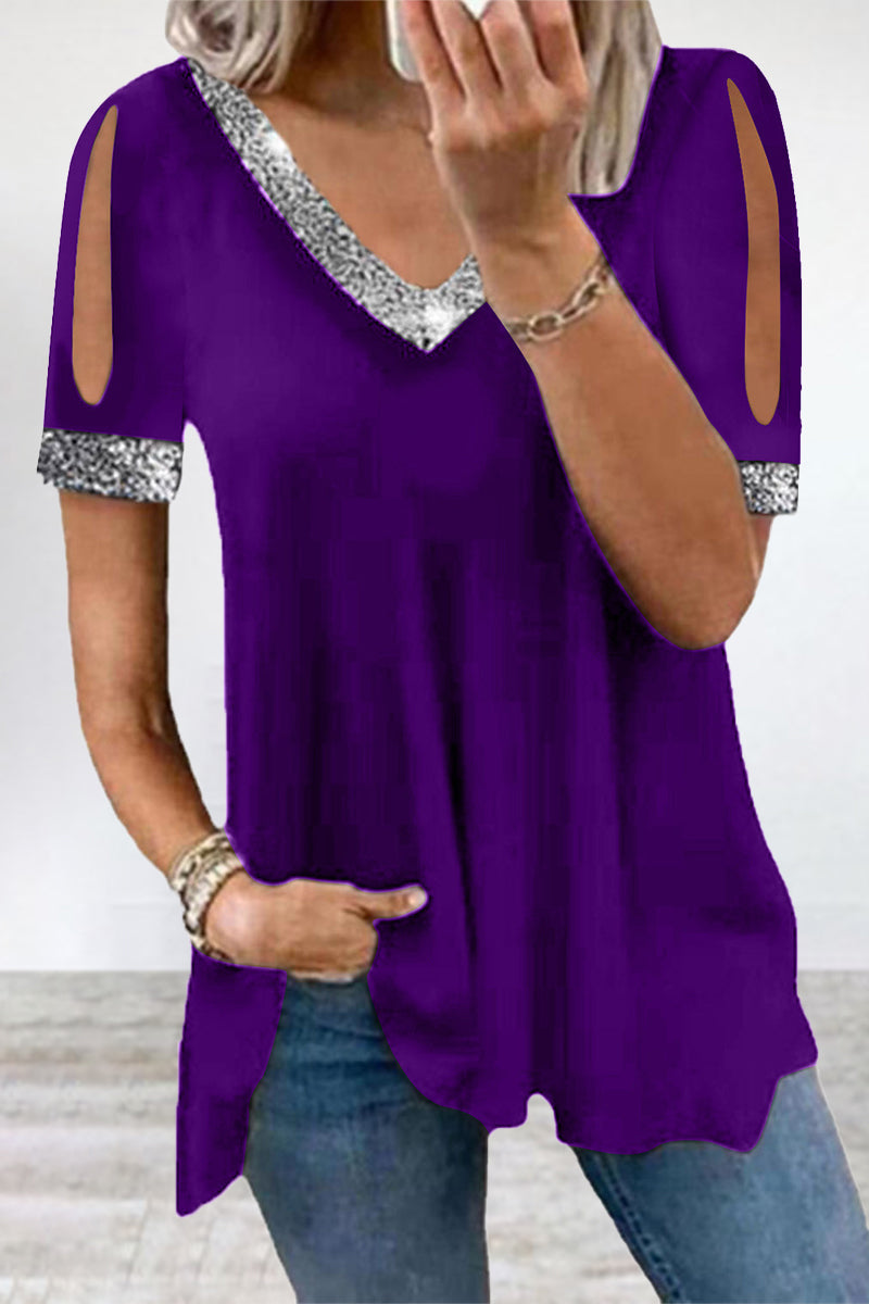 Casual Solid Sequins V Neck T-Shirts Purple