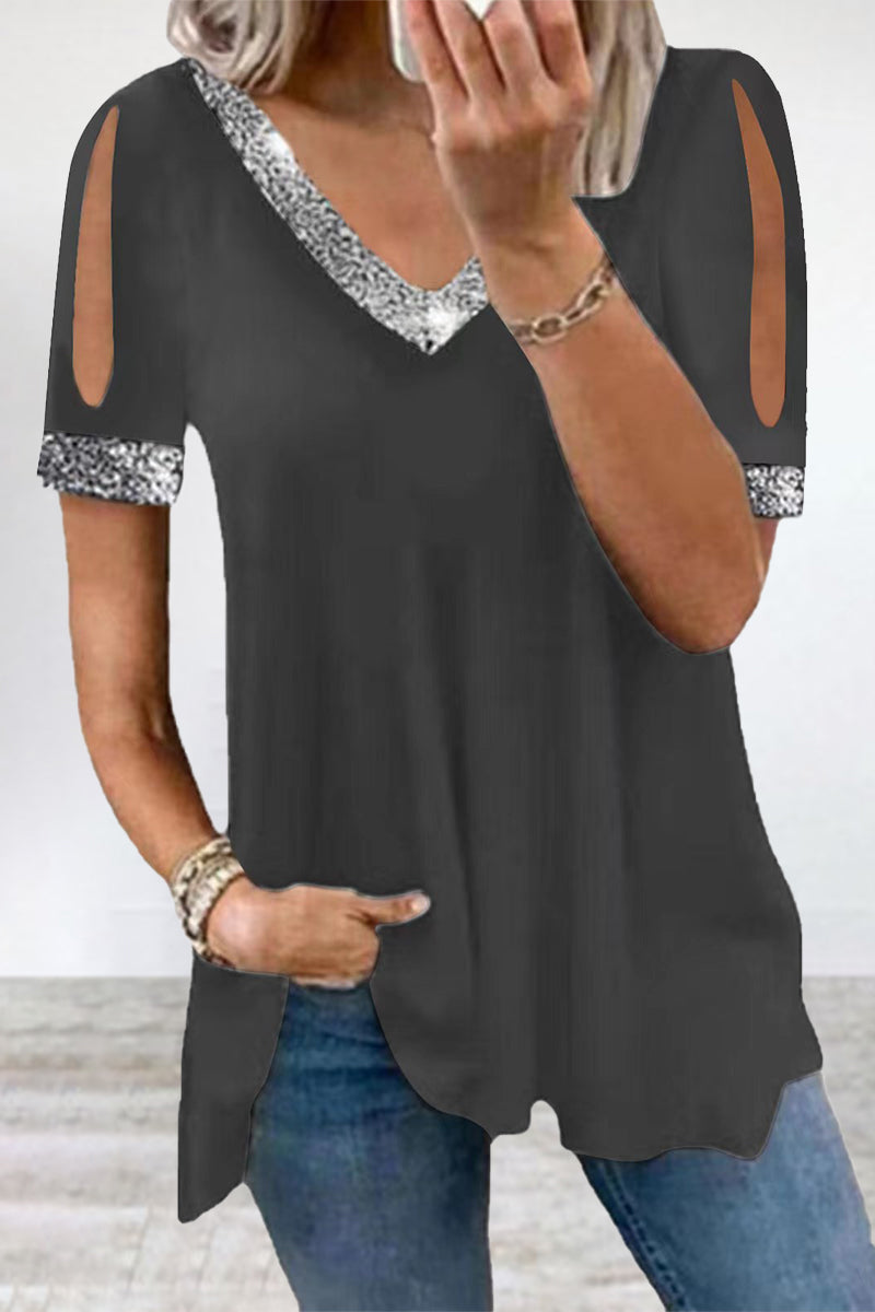 Casual Solid Sequins V Neck T-Shirts Dark Gray