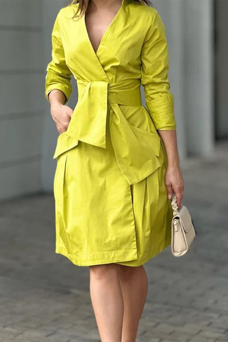 Casual Street Solid Pocket Frenulum V Neck Suit Dress Dresses Yellow