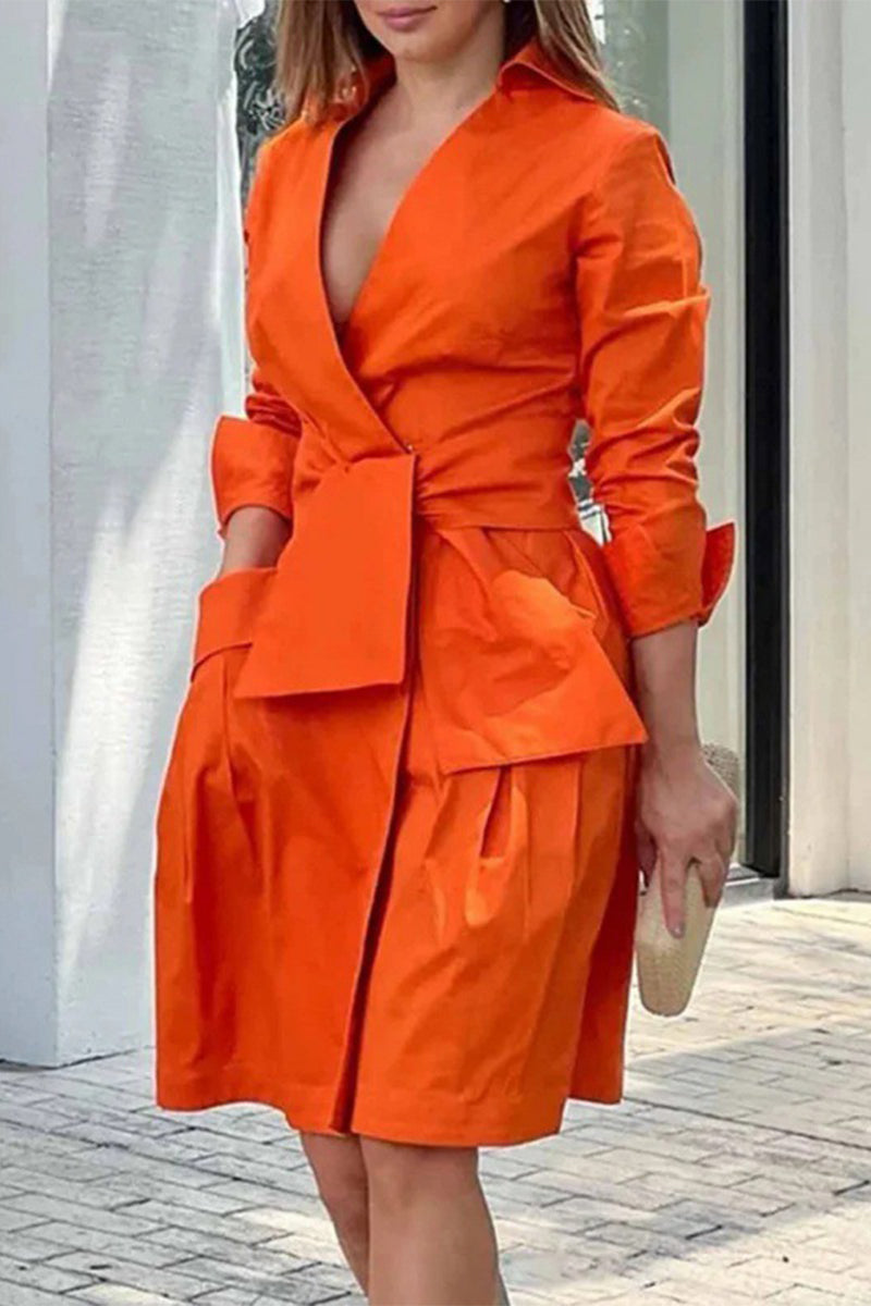 Casual Street Solid Pocket Frenulum V Neck Suit Dress Dresses Tangerine Red