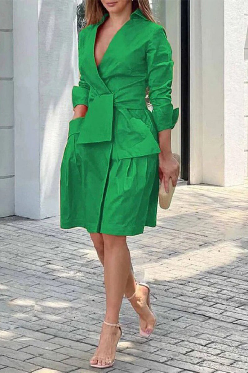 Casual Street Solid Pocket Frenulum V Neck Suit Dress Dresses Green