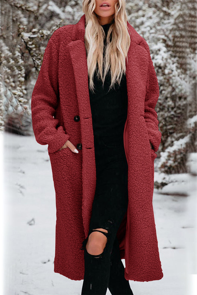 Elegant Solid Pocket Turndown Collar Outerwear Red