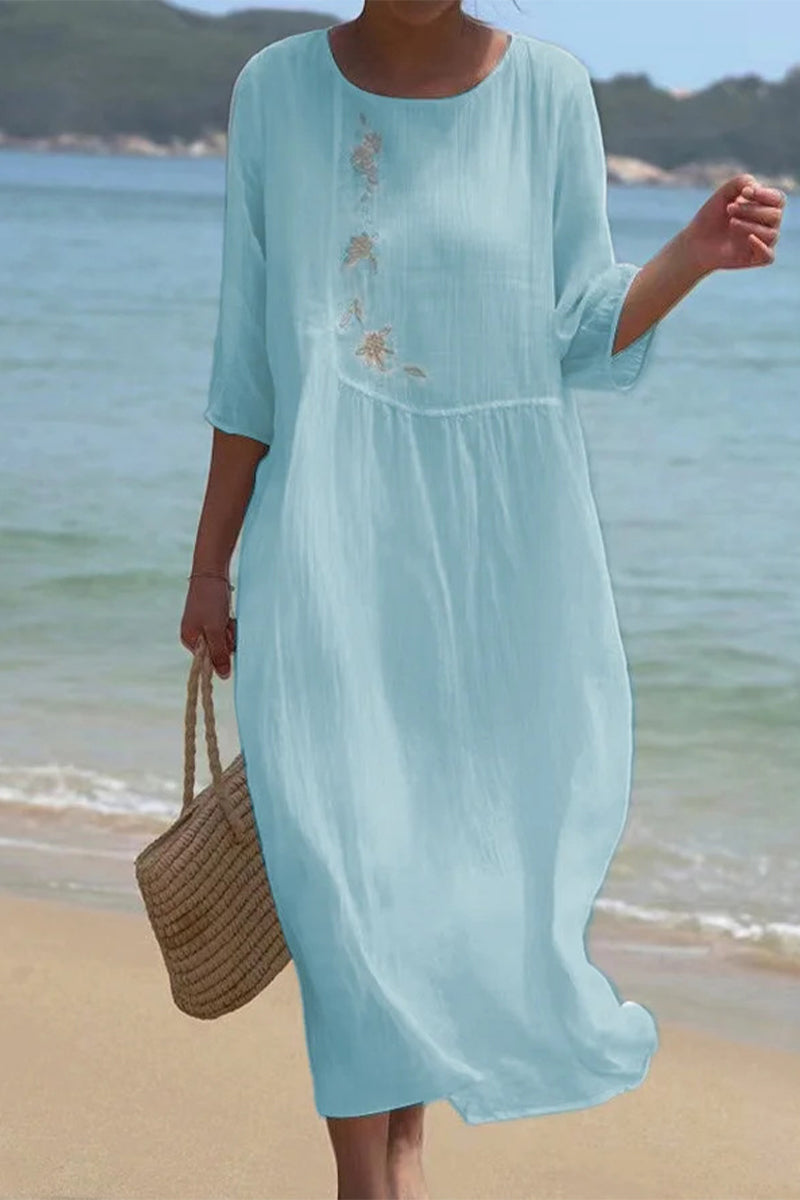 Casual Solid Embroidered O Neck A Line Short Sleeve Dress Light Blue