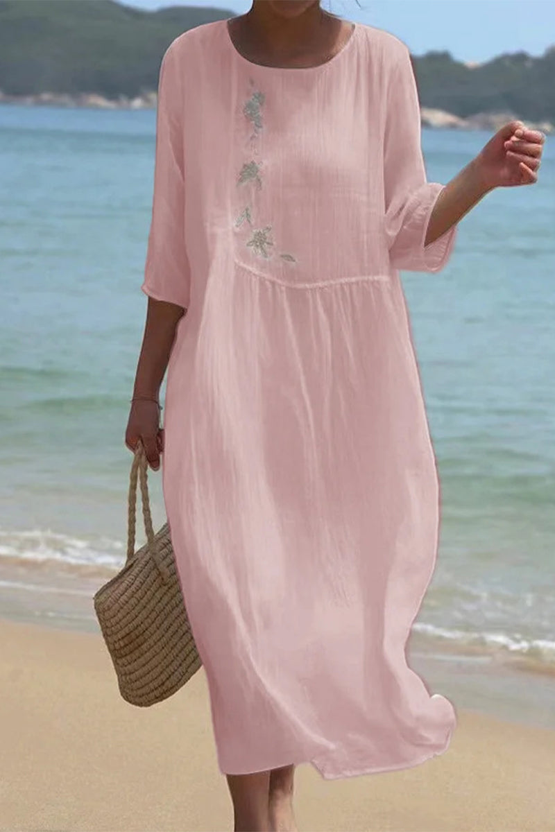 Casual Solid Embroidered O Neck A Line Short Sleeve Dress Pink