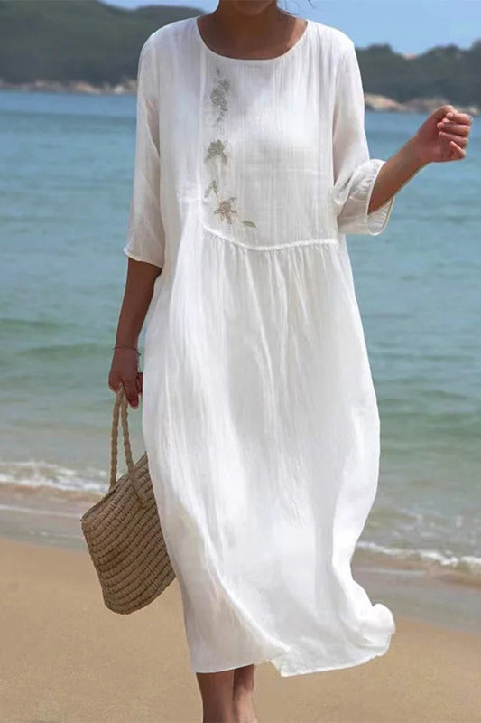 Casual Solid Embroidered O Neck A Line Short Sleeve Dress White