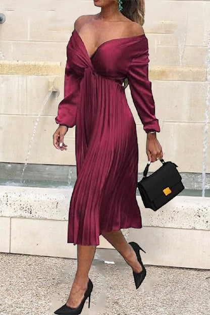 Elegant Solid Fold V Neck Pleated Dresses Burgundy