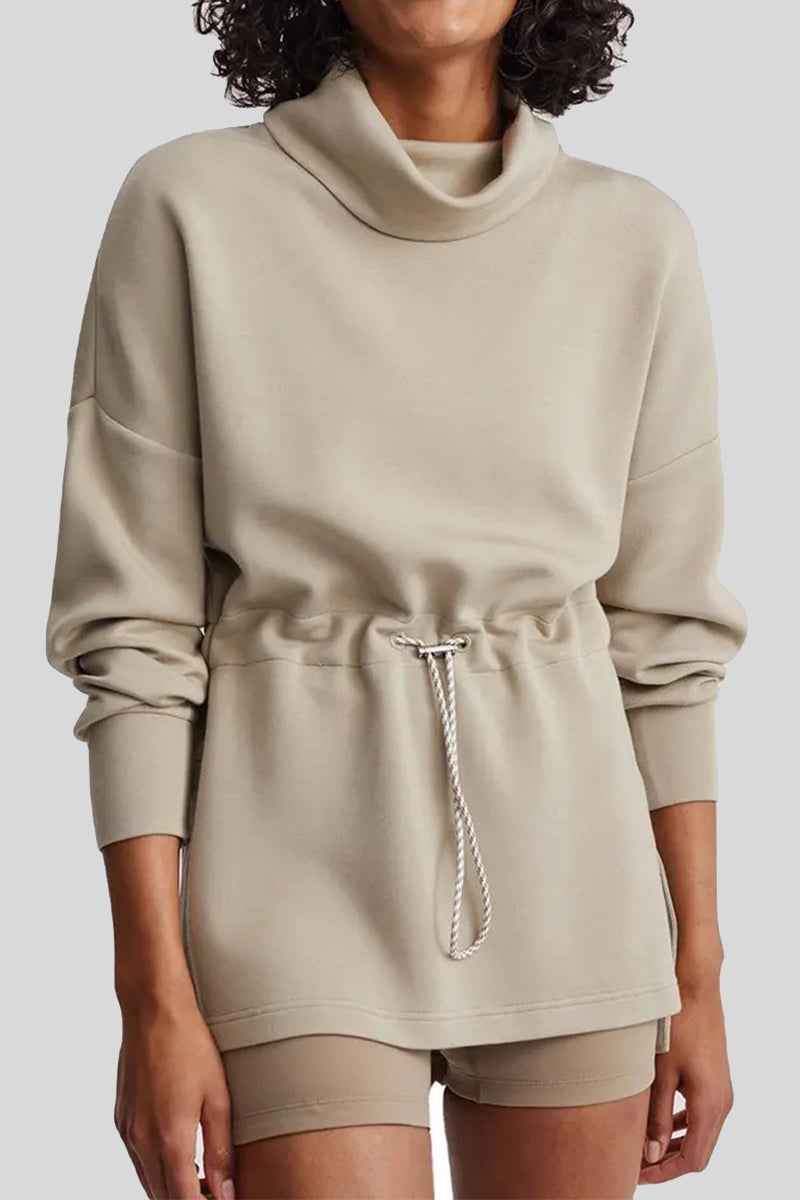 Casual Solid Draw String Half A Turtleneck Tops Apricot