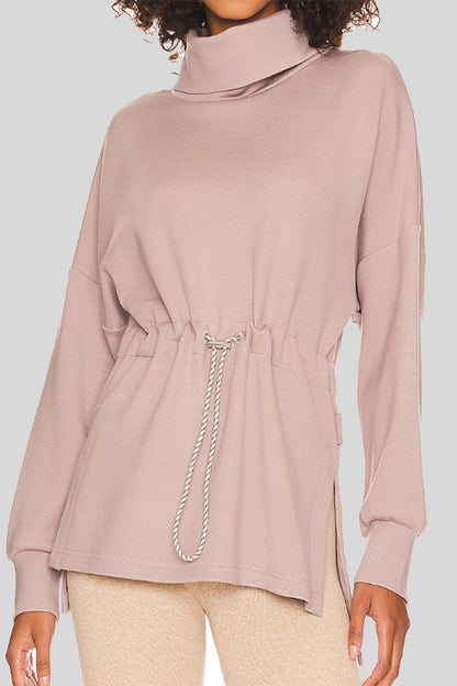 Casual Solid Draw String Half A Turtleneck Tops Pink