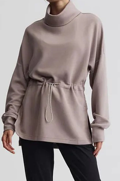 Casual Solid Draw String Half A Turtleneck Tops Fuchsia