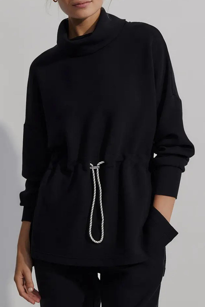 Casual Solid Draw String Half A Turtleneck Tops Black