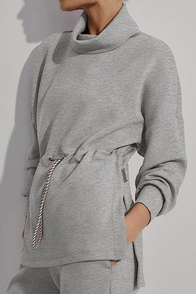 Casual Solid Draw String Half A Turtleneck Tops Grey