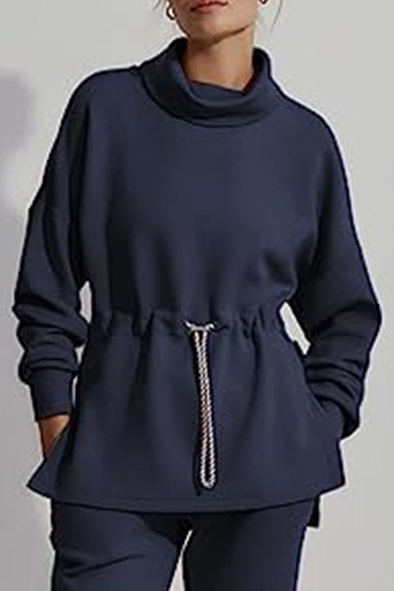 Casual Solid Draw String Half A Turtleneck Tops Navy Blue