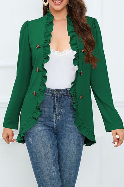 Elegant Solid Buckle Flounce Lotus Leaf Collar Outerwear Green