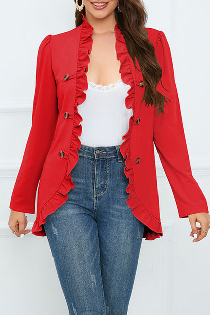 Elegant Solid Buckle Flounce Lotus Leaf Collar Outerwear Red