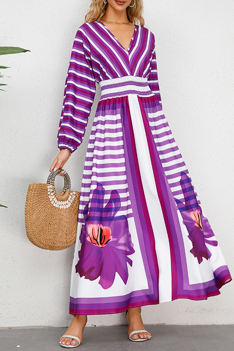 Elegant College Striped Floral Patchwork V Neck Printed Dress Dresses