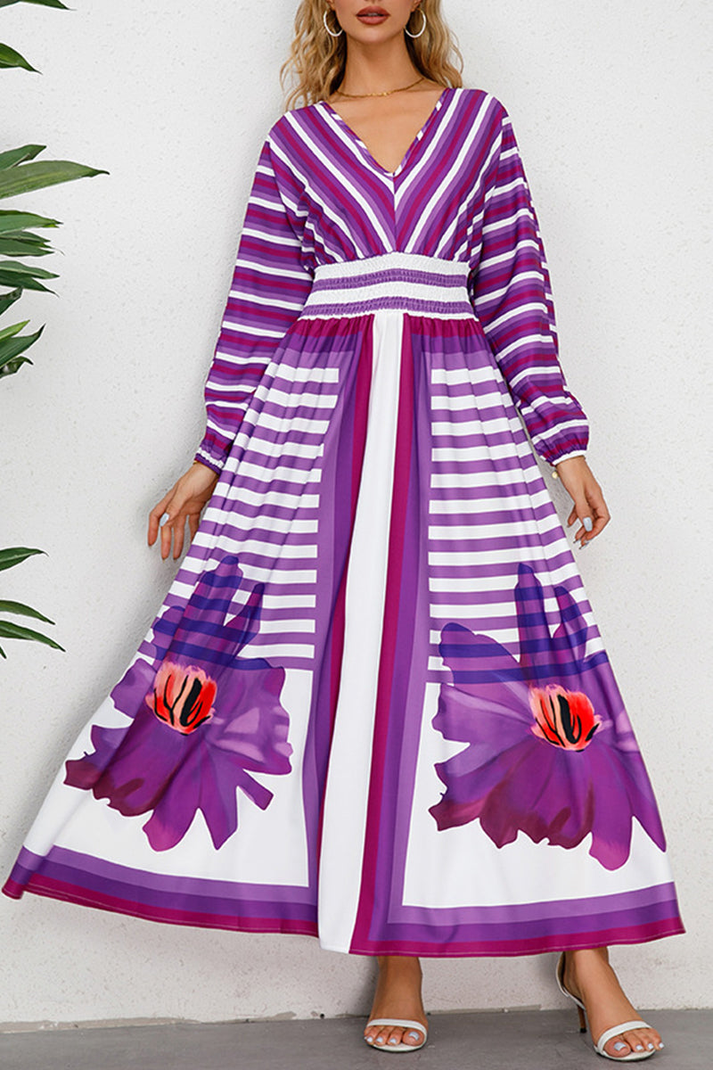 Elegant College Striped Floral Patchwork V Neck Printed Dress Dresses Purple