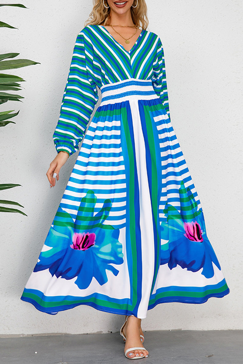 Elegant College Striped Floral Patchwork V Neck Printed Dress Dresses Blue