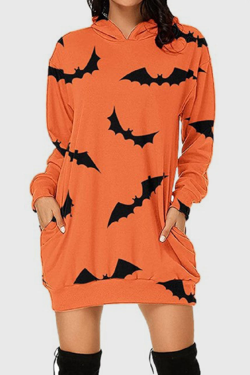 Casual Print Basic Hooded Collar Long Sleeve Dresses Tangerine Red