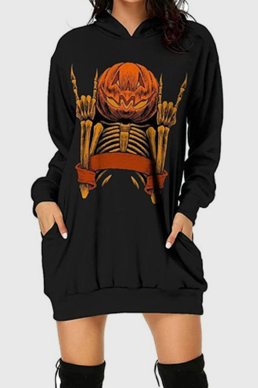 Casual Print Basic Hooded Collar Long Sleeve Dresses Black Orange